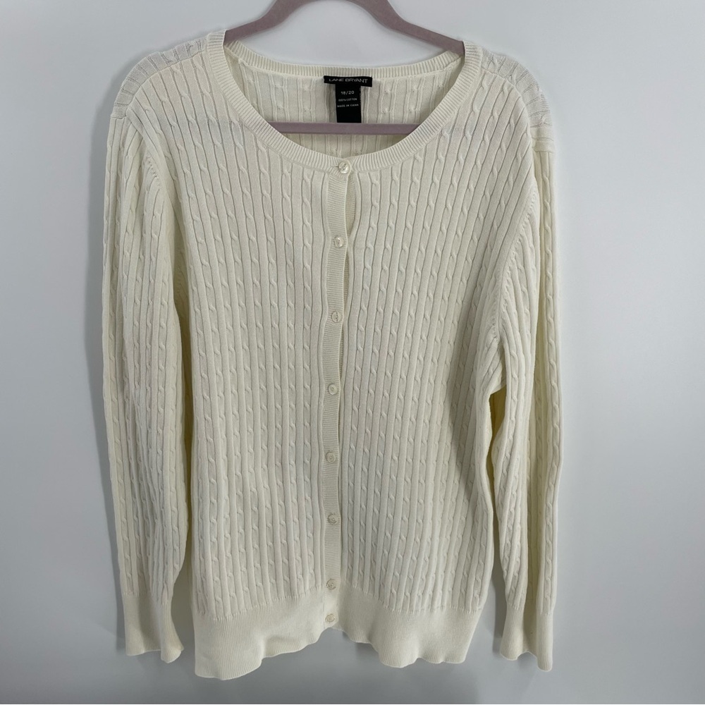Lane Bryant Cable Knit Ivory Cotton Button Up Long Sleeve Cardigan Sweater Layer